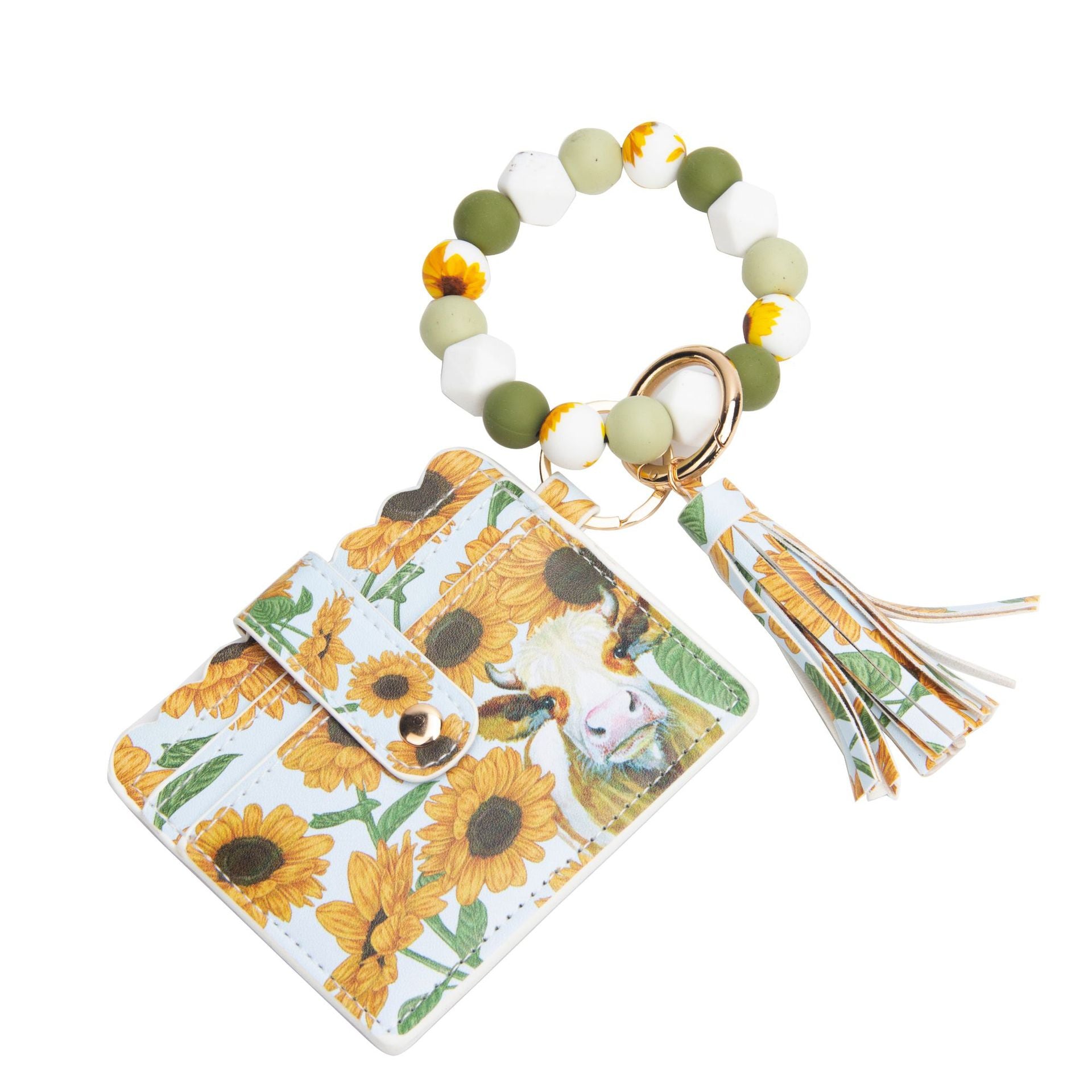 Wholesale Leopard Print Sunflower Card Holder Tassel Silicone Beaded Wrist Keychain